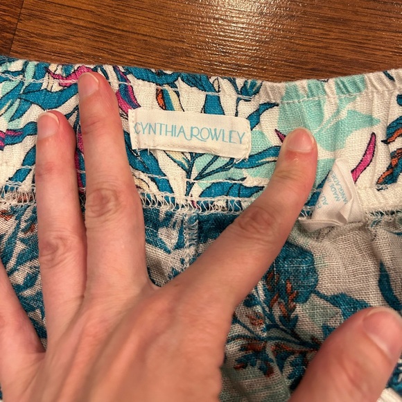 Cynthia Rowley Linen Pants Women’s Size Large Blue Leaves Wide Leg - Picture 5 of 7